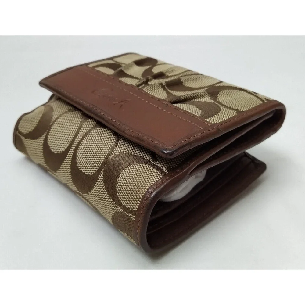 Coach Signature Brown Canvas Leather Trim Credit Card ID Window Trifold Wallet